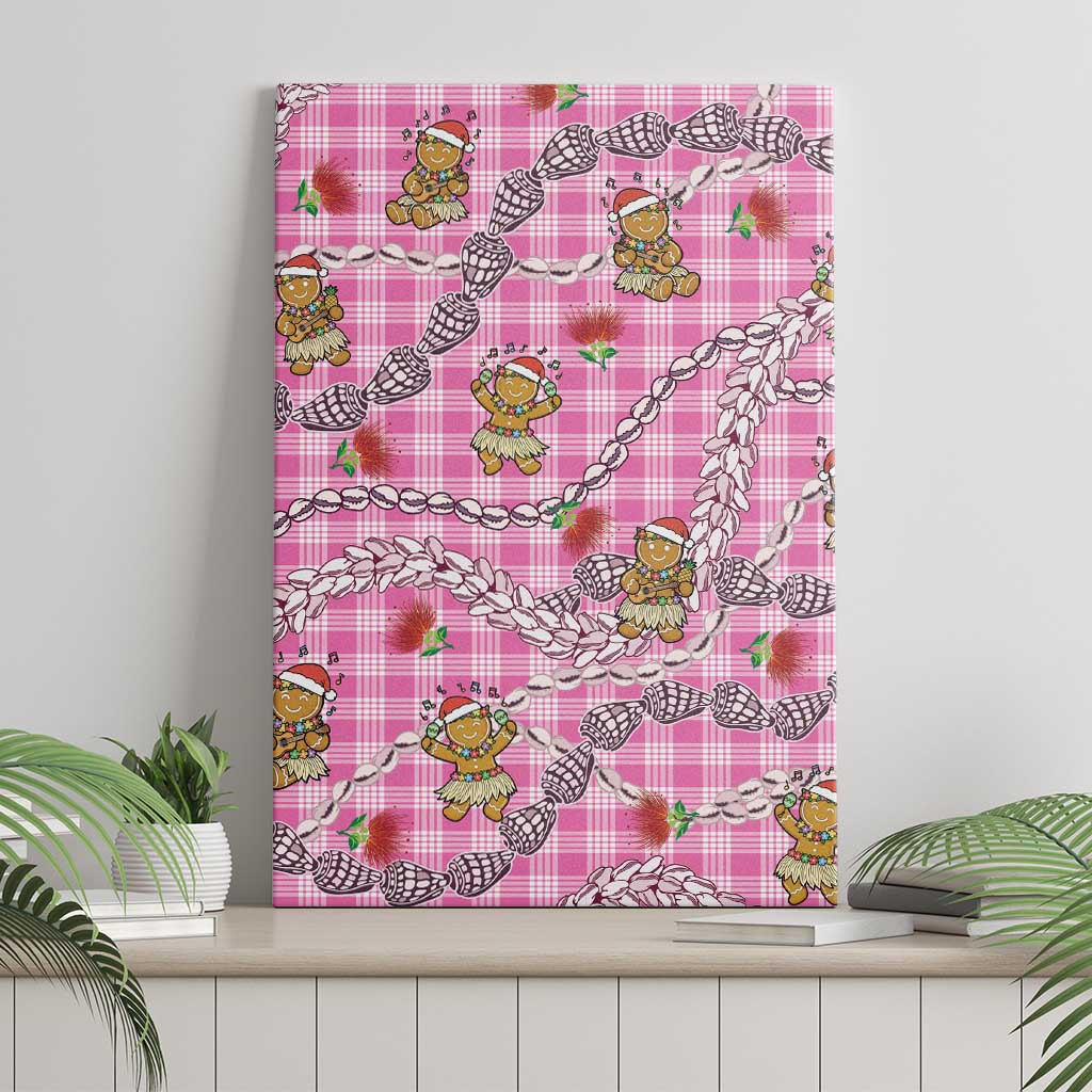 Pink Palaka Hawaii Mele Kalikimaka Canvas Wall Art Ohia Lehua Shell Leis Funny Gingerbread Santa - Polynesian Pride
