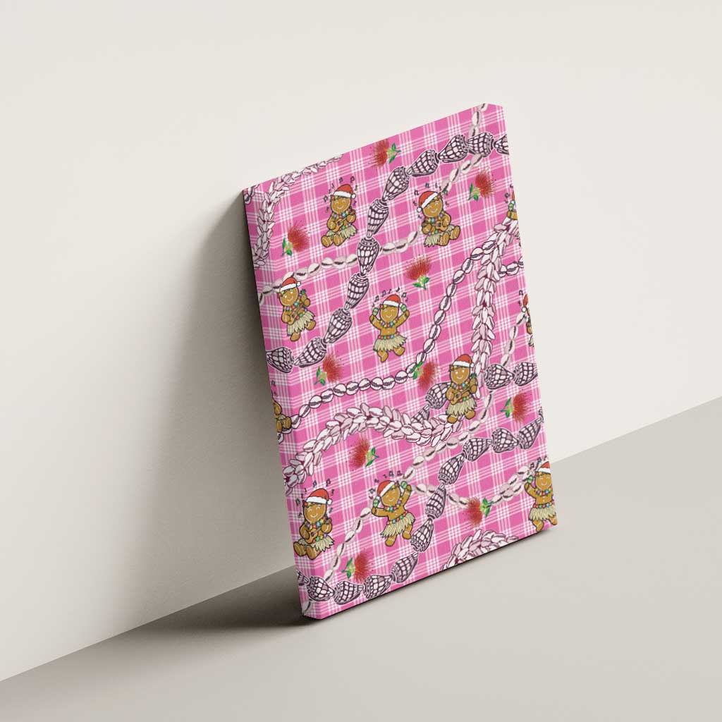 Pink Palaka Hawaii Mele Kalikimaka Canvas Wall Art Ohia Lehua Shell Leis Funny Gingerbread Santa - Polynesian Pride
