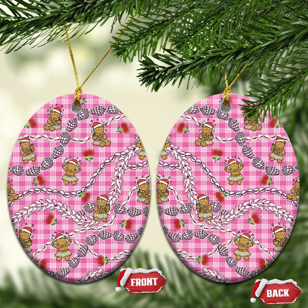 Pink Palaka Hawaii Mele Kalikimaka Ceramic Ornament Ohia Lehua Shell Leis Funny Gingerbread Santa - Polynesian Pride