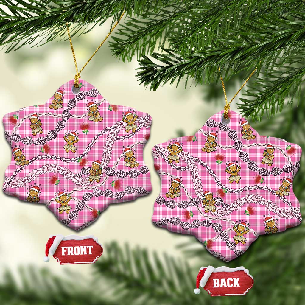 Pink Palaka Hawaii Mele Kalikimaka Ceramic Ornament Ohia Lehua Shell Leis Funny Gingerbread Santa - Polynesian Pride