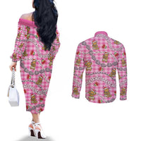 Pink Palaka Hawaii Mele Kalikimaka Couples Matching Off The Shoulder Long Sleeve Dress and Long Sleeve Button Shirt Ohia Lehua Shell Leis Funny Gingerbread Santa - Polynesian Pride
