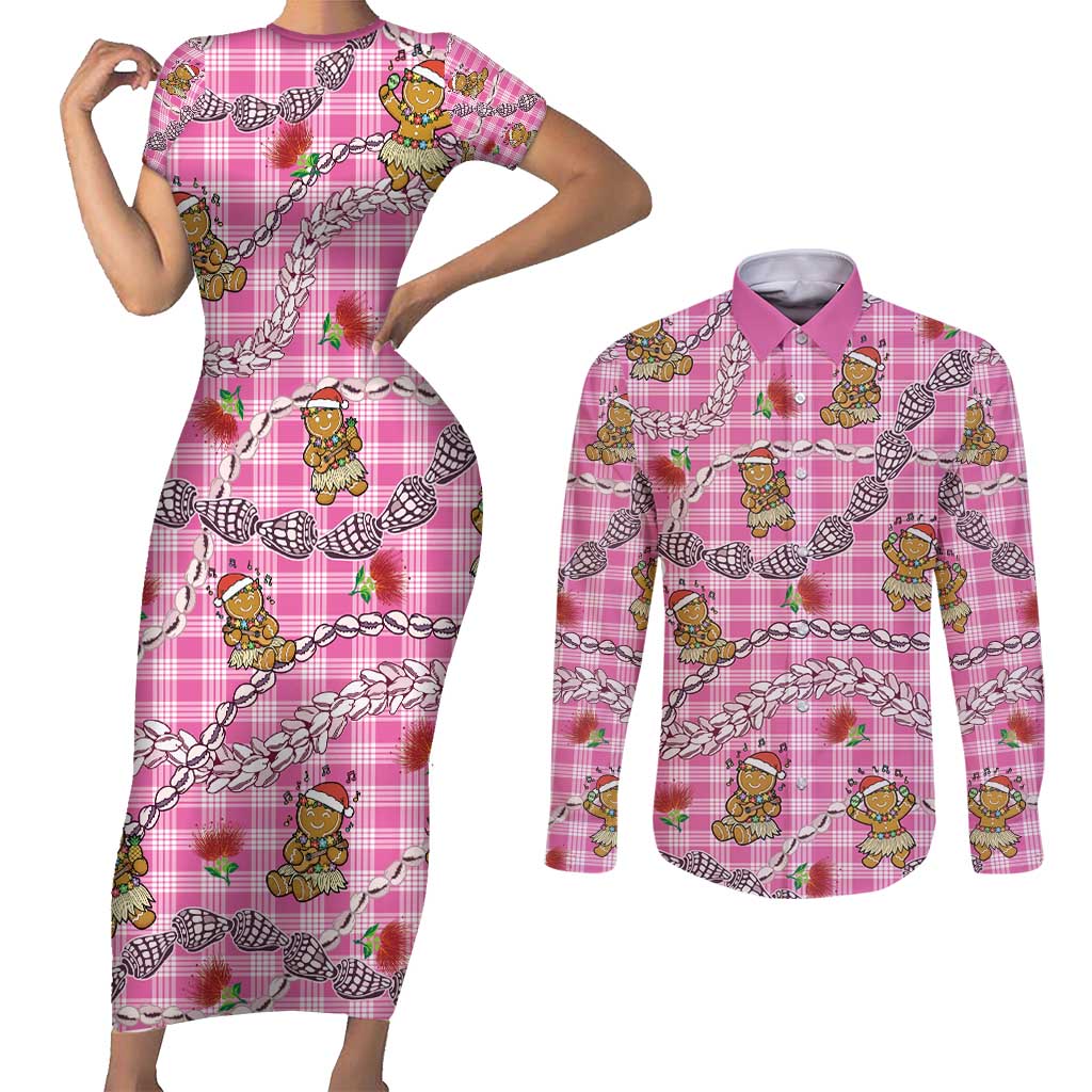 Pink Palaka Hawaii Mele Kalikimaka Couples Matching Short Sleeve Bodycon Dress and Long Sleeve Button Shirt Ohia Lehua Shell Leis Funny Gingerbread Santa - Polynesian Pride