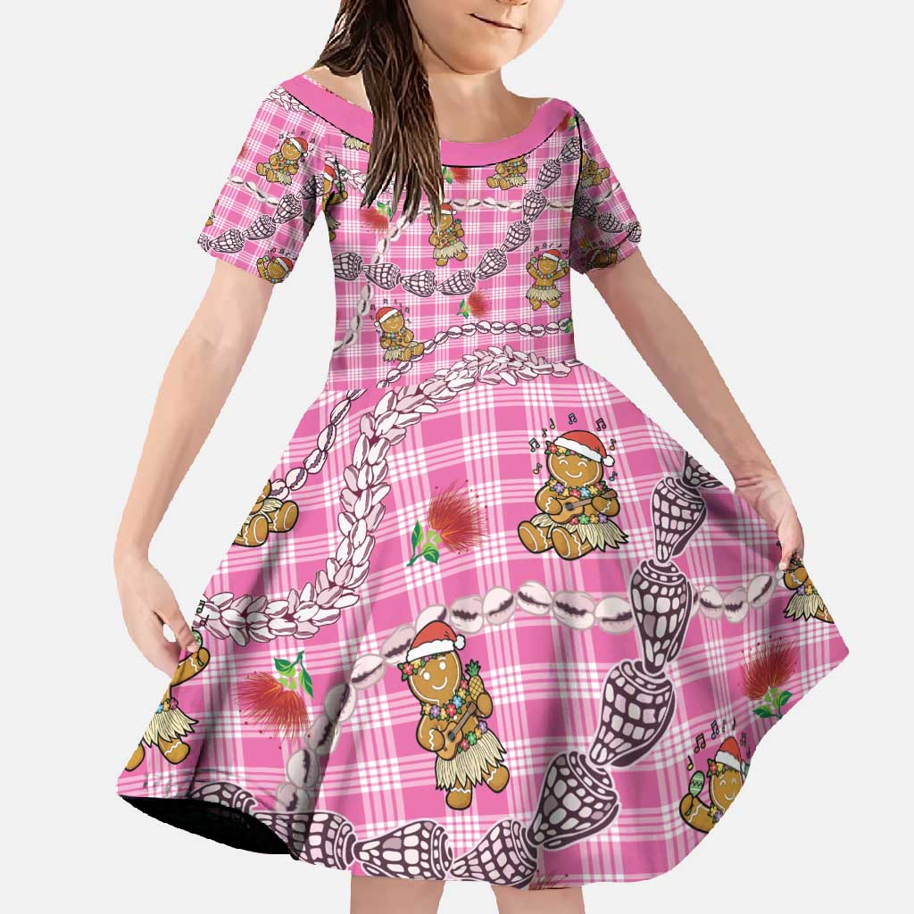Pink Palaka Hawaii Mele Kalikimaka Family Matching Long Sleeve Bodycon Dress and Hawaiian Shirt Ohia Lehua Shell Leis Funny Gingerbread Santa - Polynesian Pride