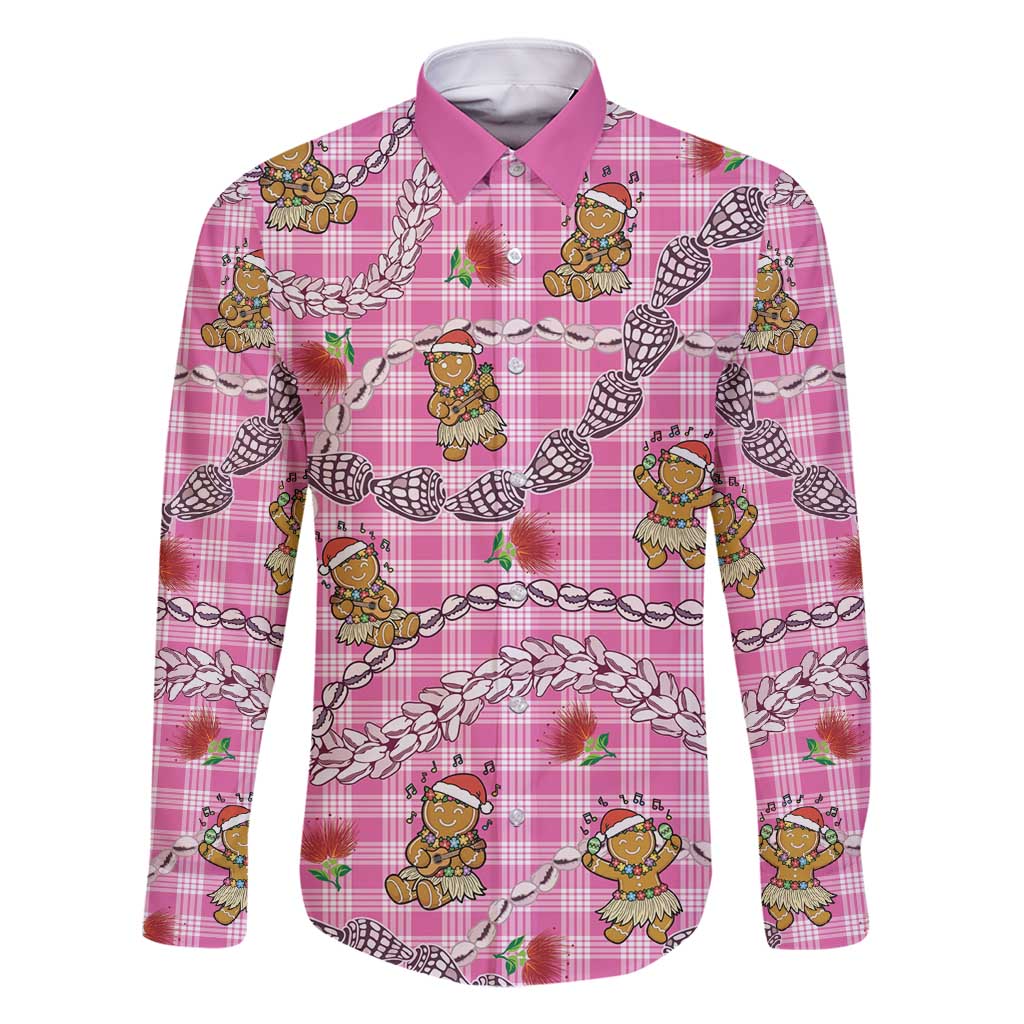 Pink Palaka Hawaii Mele Kalikimaka Family Matching Long Sleeve Bodycon Dress and Hawaiian Shirt Ohia Lehua Shell Leis Funny Gingerbread Santa - Polynesian Pride