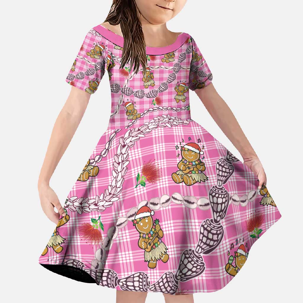 Pink Palaka Hawaii Mele Kalikimaka Family Matching Off Shoulder Maxi Dress and Hawaiian Shirt Ohia Lehua Shell Leis Funny Gingerbread Santa - Polynesian Pride