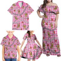 Pink Palaka Hawaii Mele Kalikimaka Family Matching Off Shoulder Maxi Dress and Hawaiian Shirt Ohia Lehua Shell Leis Funny Gingerbread Santa - Polynesian Pride