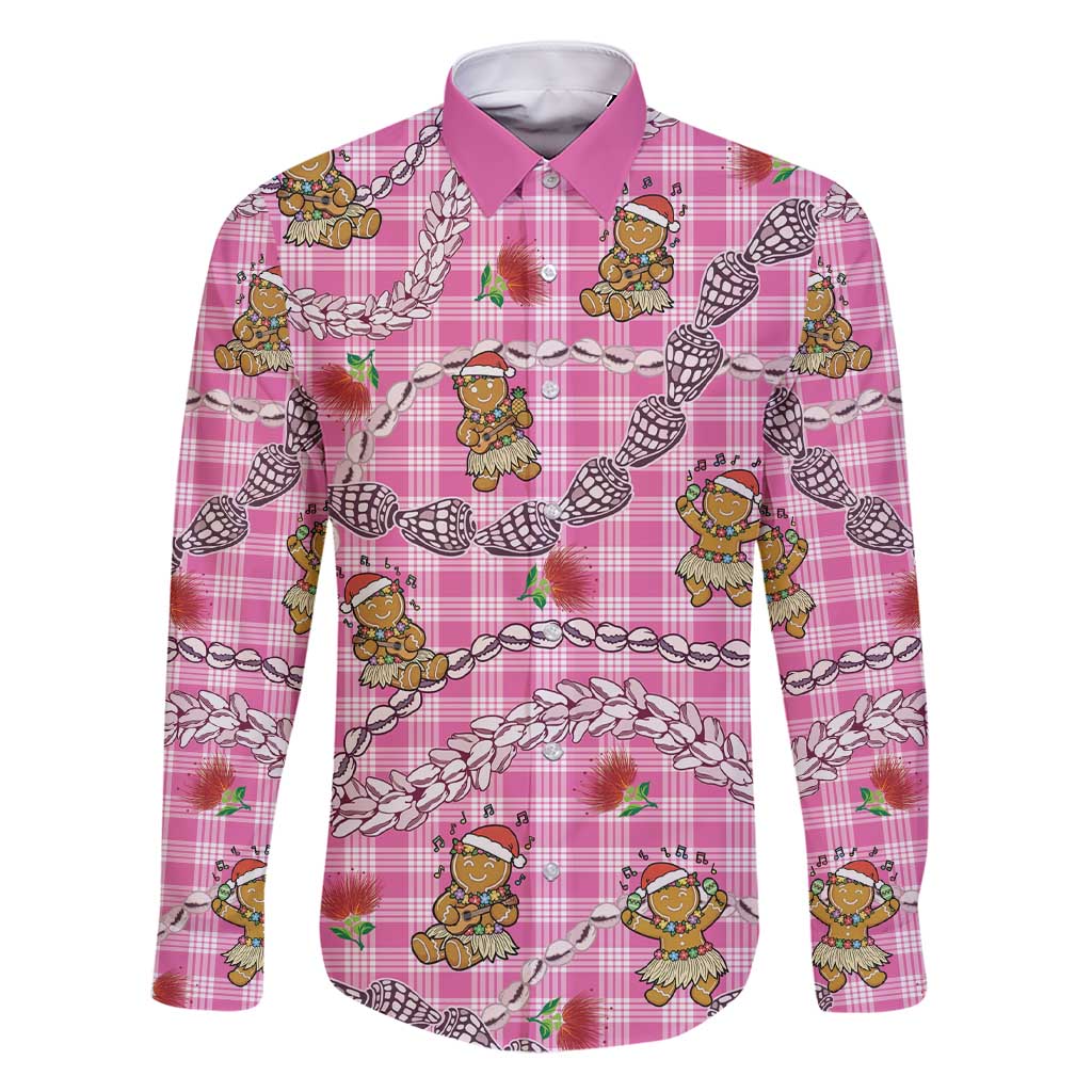 Pink Palaka Hawaii Mele Kalikimaka Family Matching Short Sleeve Bodycon Dress and Hawaiian Shirt Ohia Lehua Shell Leis Funny Gingerbread Santa - Polynesian Pride