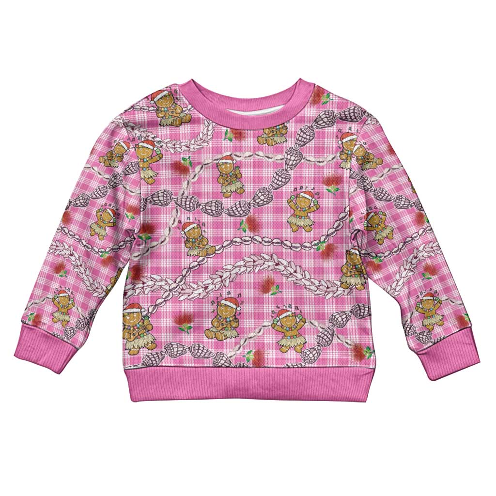 Pink Palaka Hawaii Mele Kalikimaka Kid Ugly Christmas Sweater Ohia Lehua Shell Leis Funny Gingerbread Santa - Polynesian Pride