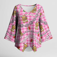 Pink Palaka Hawaii Mele Kalikimaka Kimono Sleeve Blouse Ohia Lehua Shell Leis Funny Gingerbread Santa - Polynesian Pride