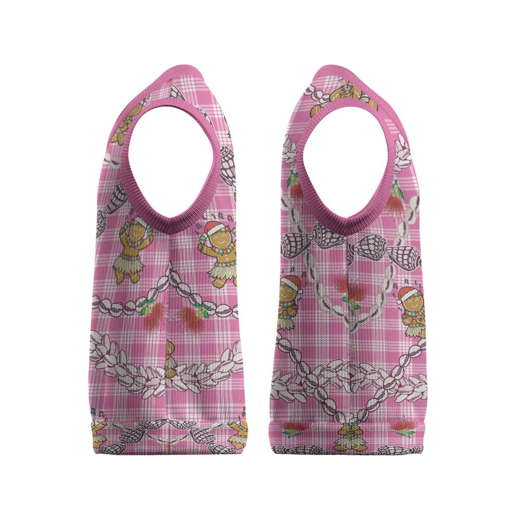 Pink Palaka Hawaii Mele Kalikimaka Christmas Knitted V-Neck Vest Ohia Lehua Shell Leis Funny Gingerbread Santa - Polynesian Pride