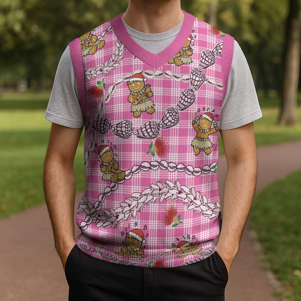 Pink Palaka Hawaii Mele Kalikimaka Christmas Knitted V-Neck Vest Ohia Lehua Shell Leis Funny Gingerbread Santa - Polynesian Pride