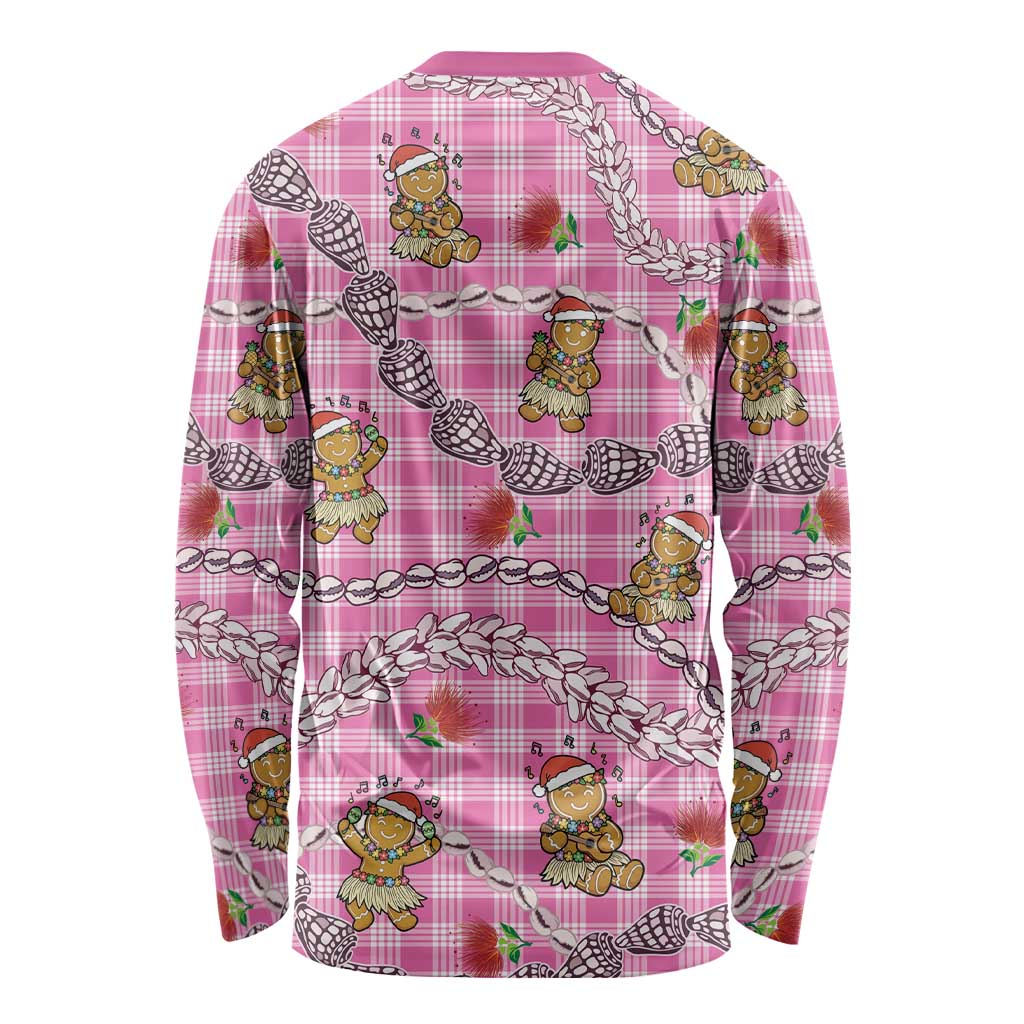 Pink Palaka Hawaii Mele Kalikimaka Long Sleeve Shirt Ohia Lehua Shell Leis Funny Gingerbread Santa - Polynesian Pride
