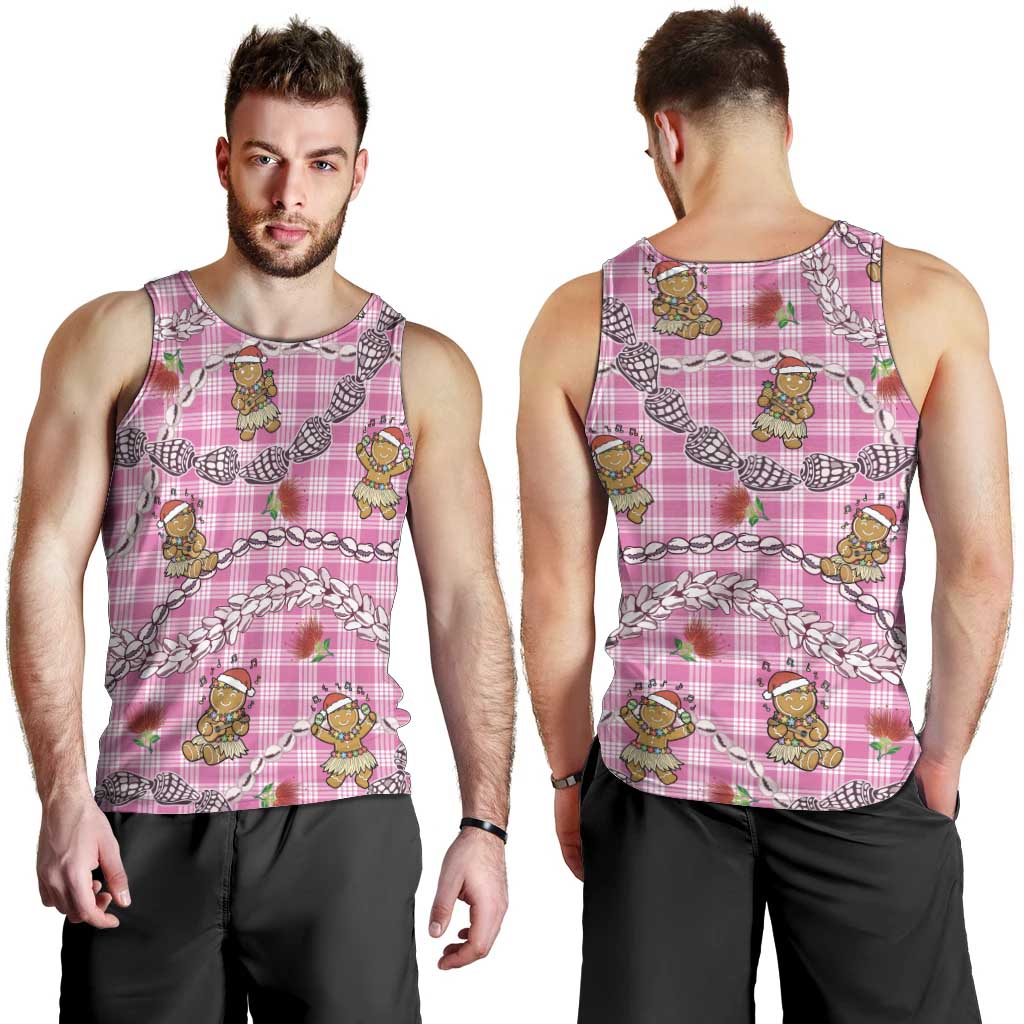 Pink Palaka Hawaii Mele Kalikimaka Men Tank Top Ohia Lehua Shell Leis Funny Gingerbread Santa - Polynesian Pride