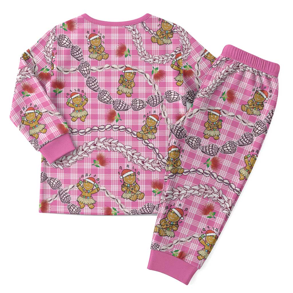 Pink Palaka Hawaii Mele Kalikimaka Christmas Pajama Set Ohia Lehua Shell Leis Funny Gingerbread Santa - Polynesian Pride