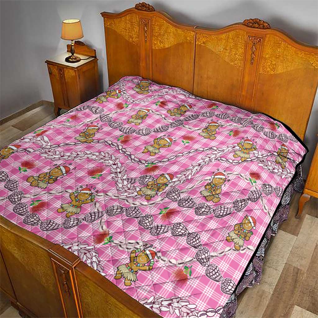 Pink Palaka Hawaii Mele Kalikimaka Quilt Ohia Lehua Shell Leis Funny Gingerbread Santa - Polynesian Pride