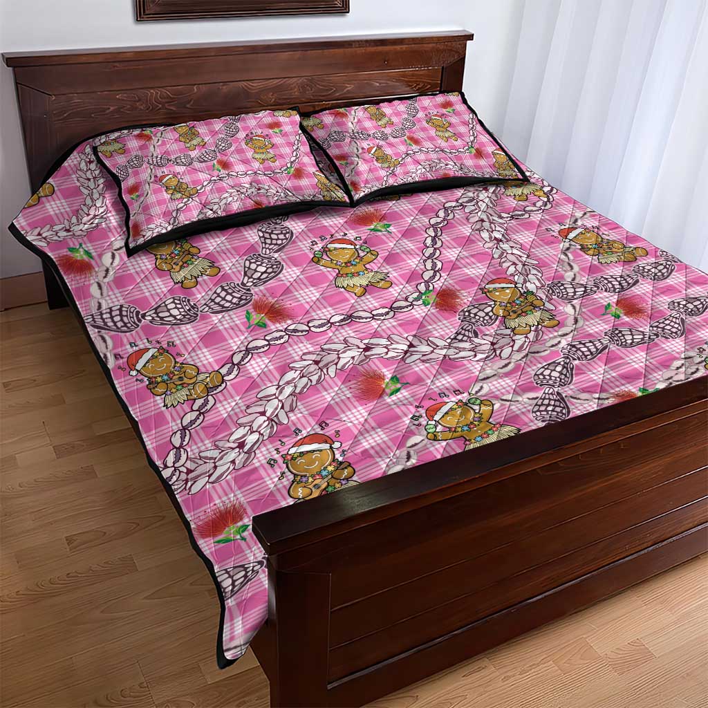 Pink Palaka Hawaii Mele Kalikimaka Quilt Bed Set Ohia Lehua Shell Leis Funny Gingerbread Santa - Polynesian Pride