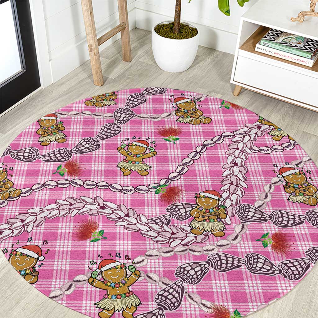 Pink Palaka Hawaii Mele Kalikimaka Round Carpet Ohia Lehua Shell Leis Funny Gingerbread Santa - Polynesian Pride