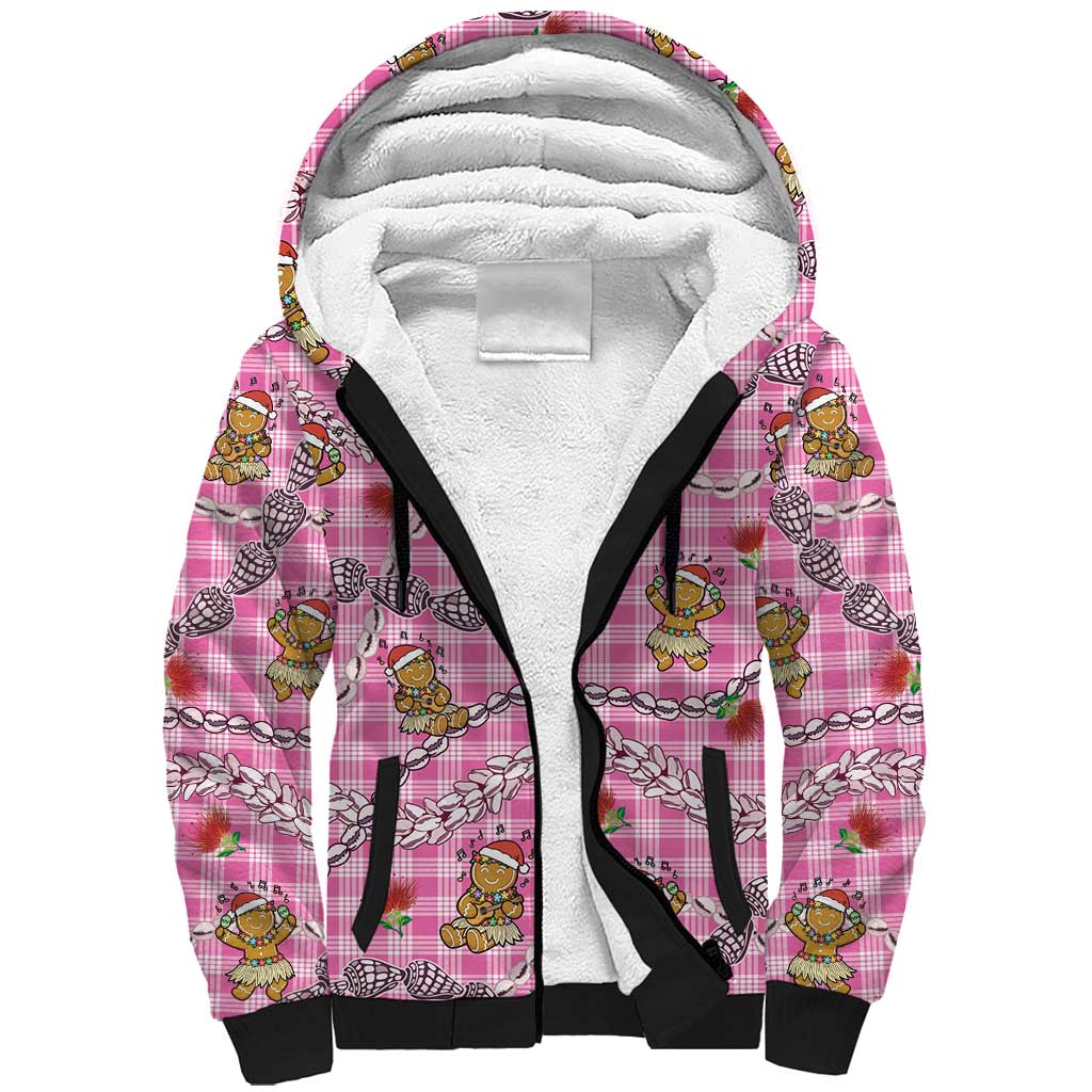 Pink Palaka Hawaii Mele Kalikimaka Sherpa Hoodie Ohia Lehua Shell Leis Funny Gingerbread Santa - Polynesian Pride