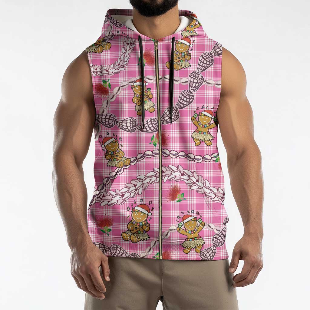 Pink Palaka Hawaii Mele Kalikimaka Sleeveless Zip Hoodie Ohia Lehua Shell Leis Funny Gingerbread Santa - Polynesian Pride
