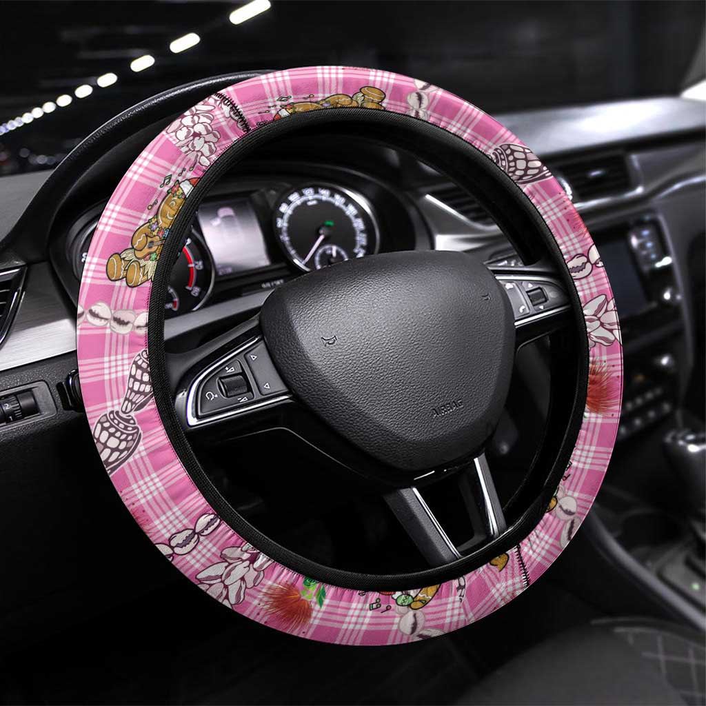 Pink Palaka Hawaii Mele Kalikimaka Steering Wheel Cover Ohia Lehua Shell Leis Funny Gingerbread Santa - Polynesian Pride