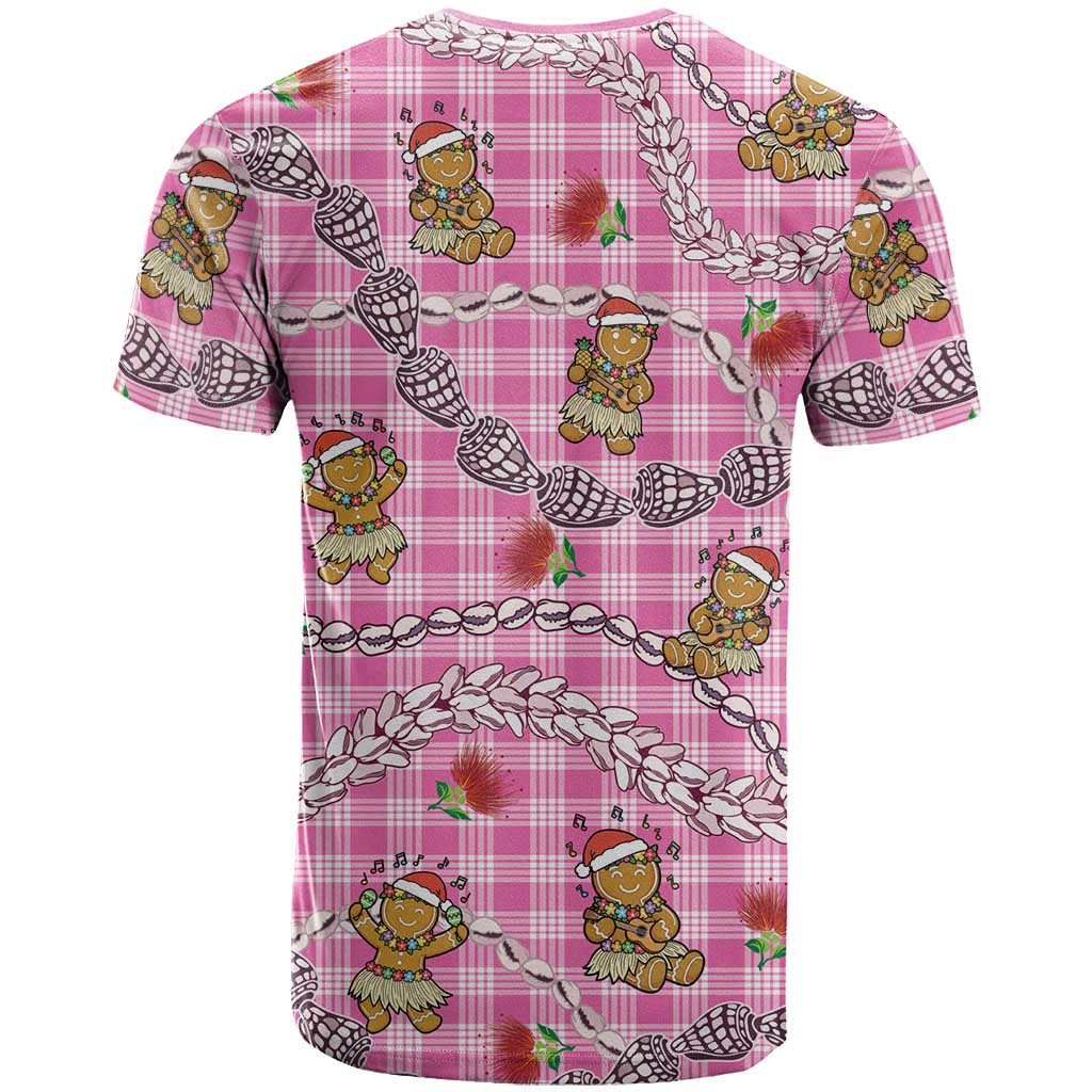 Pink Palaka Hawaii Mele Kalikimaka T Shirt Ohia Lehua Shell Leis Funny Gingerbread Santa - Polynesian Pride