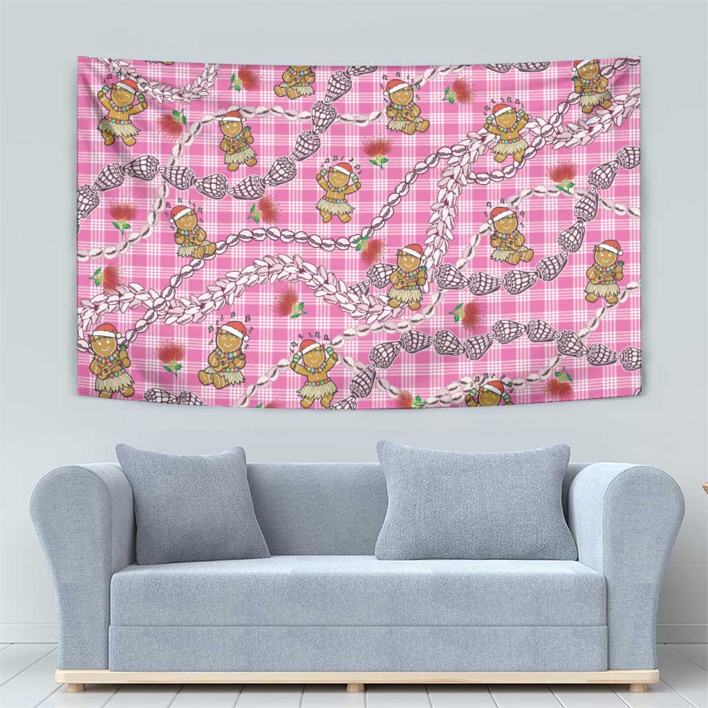 Pink Palaka Hawaii Mele Kalikimaka Tapestry Ohia Lehua Shell Leis Funny Gingerbread Santa - Polynesian Pride