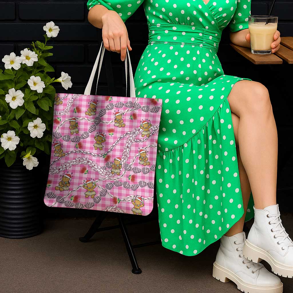 Pink Palaka Hawaii Mele Kalikimaka Tote Bag Ohia Lehua Shell Leis Funny Gingerbread Santa - Polynesian Pride