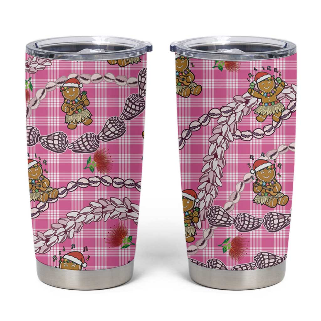 Pink Palaka Hawaii Mele Kalikimaka Tumbler Cup Ohia Lehua Shell Leis Funny Gingerbread Santa - Polynesian Pride