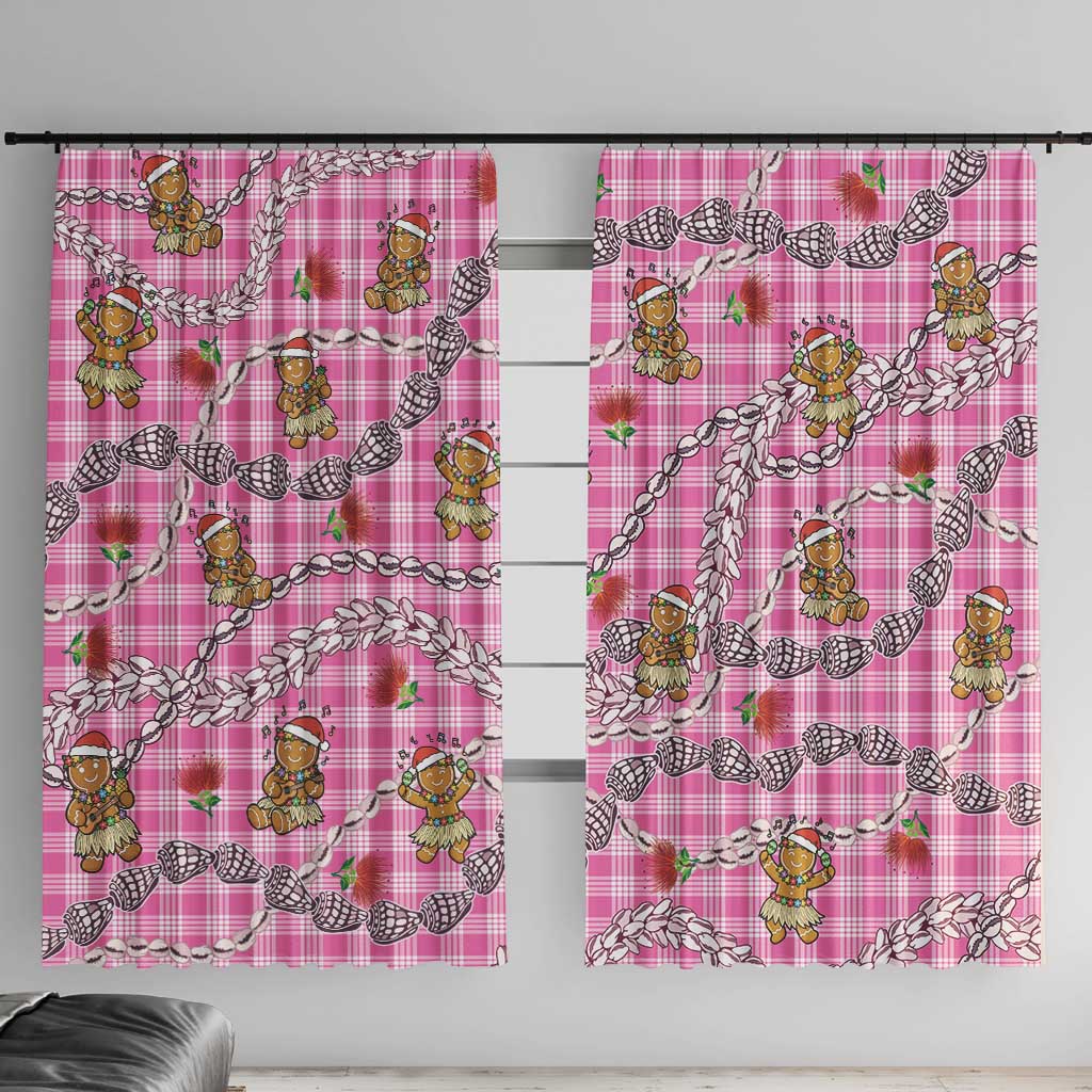 Pink Palaka Hawaii Mele Kalikimaka Window Curtain Ohia Lehua Shell Leis Funny Gingerbread Santa - Polynesian Pride