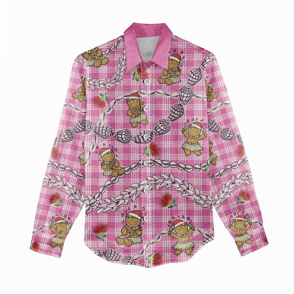 Pink Palaka Hawaii Mele Kalikimaka Women Casual Shirt Ohia Lehua Shell Leis Funny Gingerbread Santa - Polynesian Pride