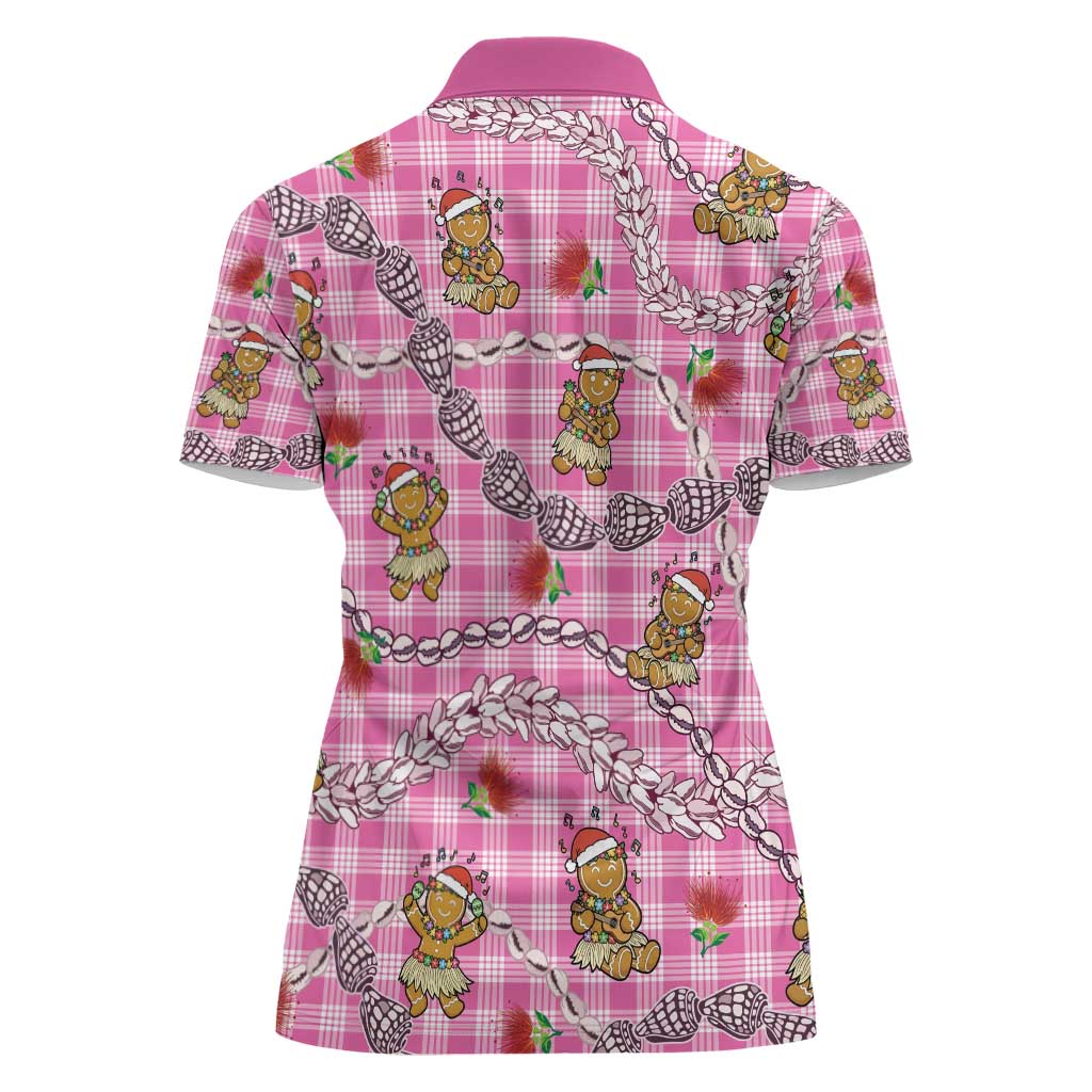 Pink Palaka Hawaii Mele Kalikimaka Women Polo Shirt Ohia Lehua Shell Leis Funny Gingerbread Santa - Polynesian Pride