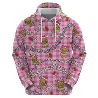 Pink Palaka Hawaii Mele Kalikimaka Zip Hoodie Ohia Lehua Shell Leis Funny Gingerbread Santa - Polynesian Pride