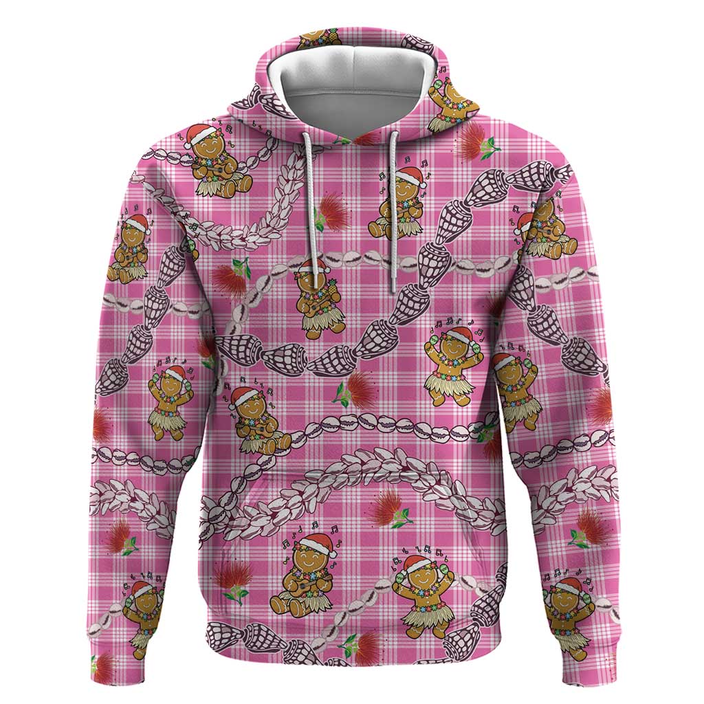 Pink Palaka Hawaii Mele Kalikimaka Zip Hoodie Ohia Lehua Shell Leis Funny Gingerbread Santa - Polynesian Pride