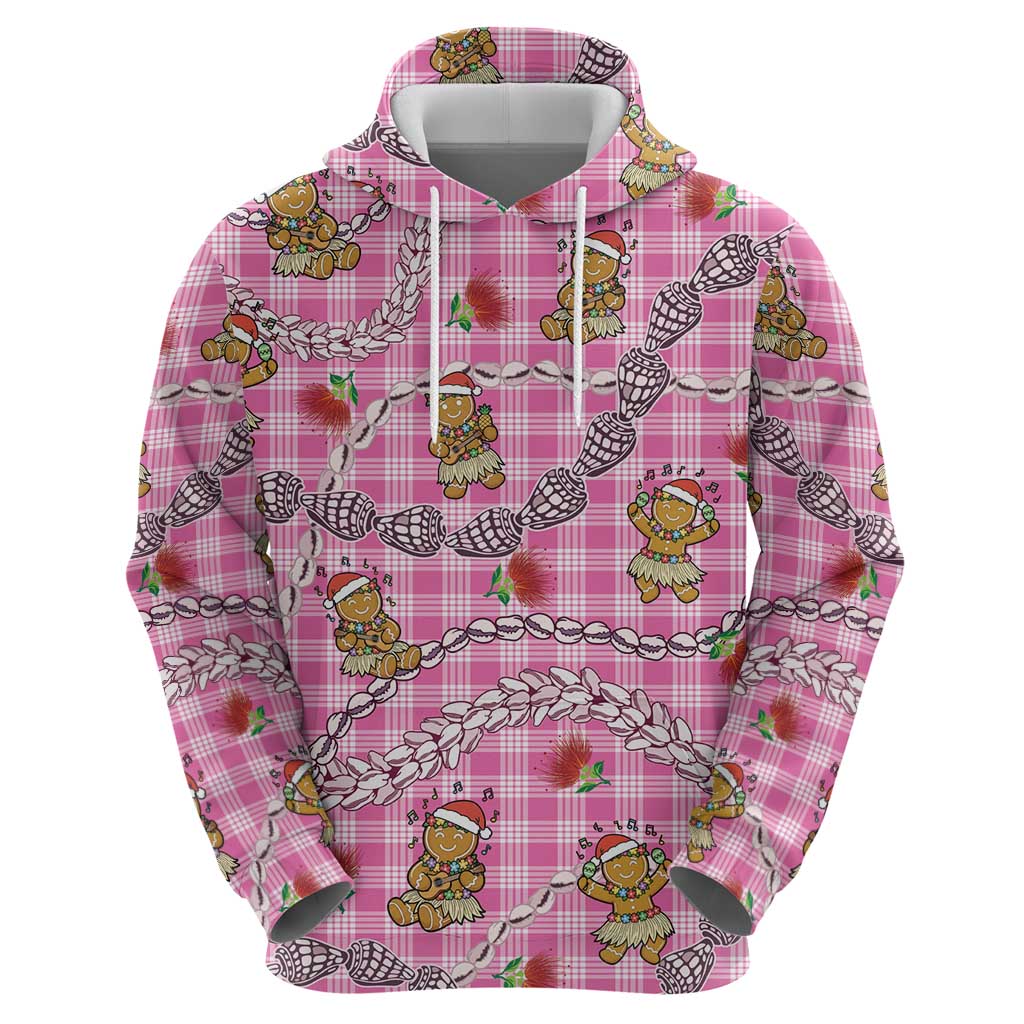 Pink Palaka Hawaii Mele Kalikimaka Zip Hoodie Ohia Lehua Shell Leis Funny Gingerbread Santa - Polynesian Pride