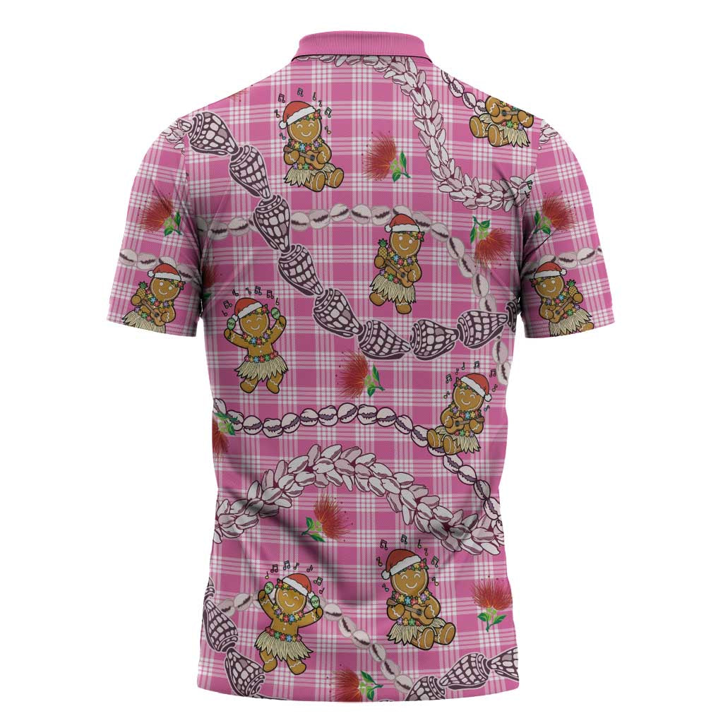 Pink Palaka Hawaii Mele Kalikimaka Zipper Polo Shirt Ohia Lehua Shell Leis Funny Gingerbread Santa - Polynesian Pride