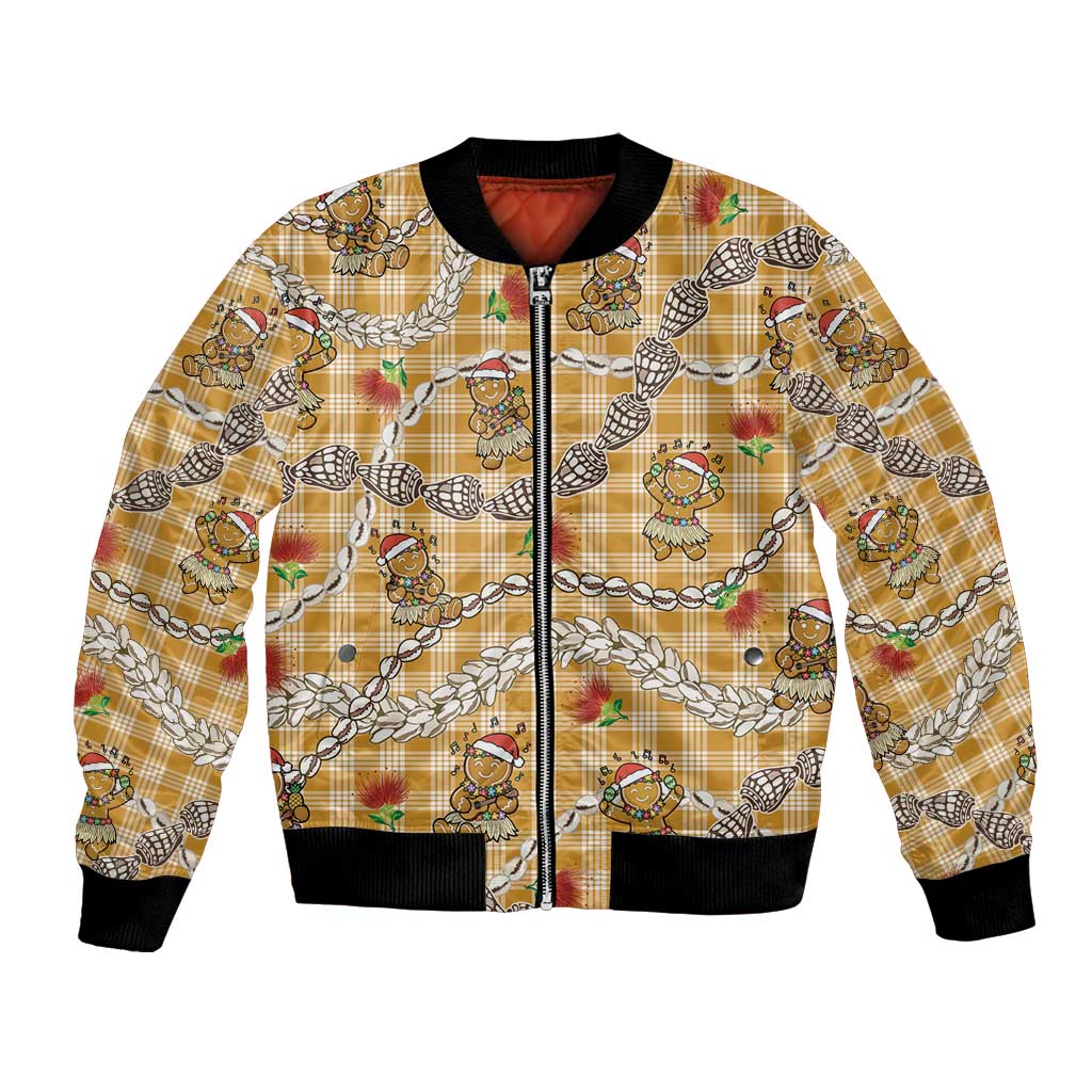 Gold Palaka Hawaii Mele Kalikimaka Bomber Jacket Ohia Lehua Shell Leis Funny Gingerbread Santa - Polynesian Pride