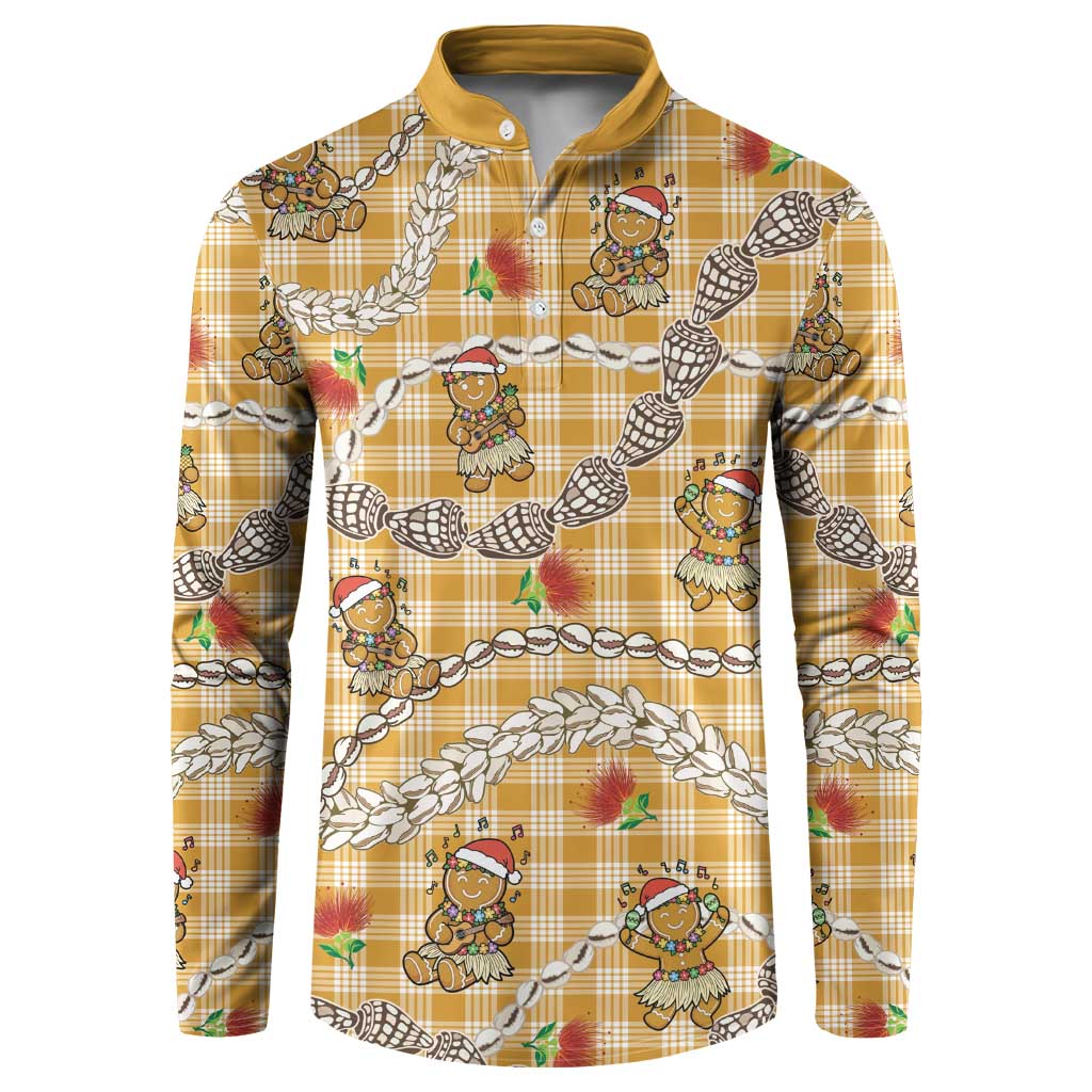 Gold Palaka Hawaii Mele Kalikimaka Button Sweatshirt Ohia Lehua Shell Leis Funny Gingerbread Santa - Polynesian Pride