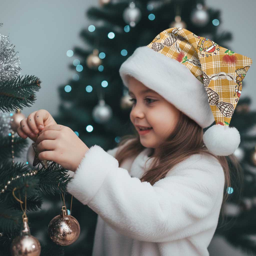 Gold Palaka Hawaii Mele Kalikimaka Christmas Santa Hat Ohia Lehua Shell Leis Funny Gingerbread Santa - Polynesian Pride