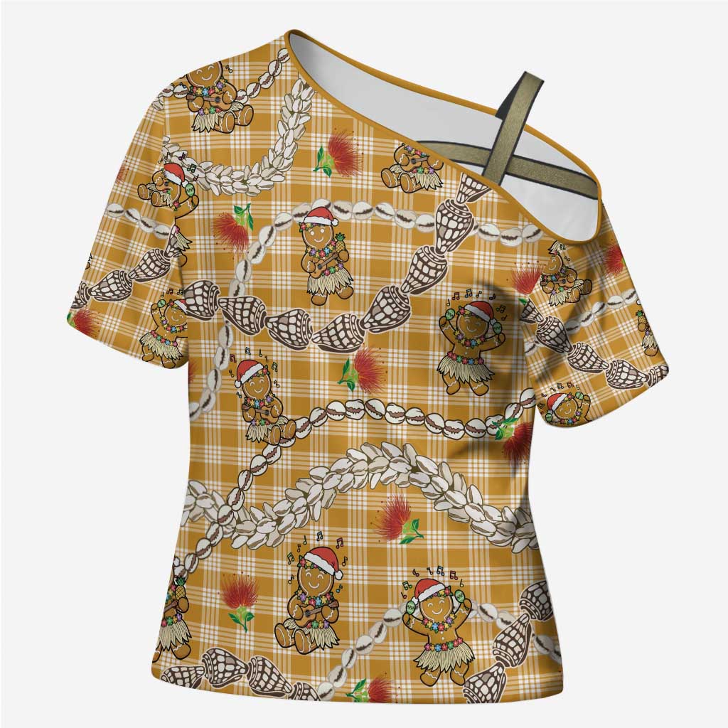 Gold Palaka Hawaii Mele Kalikimaka Cross Shoulder Shirt Ohia Lehua Shell Leis Funny Gingerbread Santa - Polynesian Pride