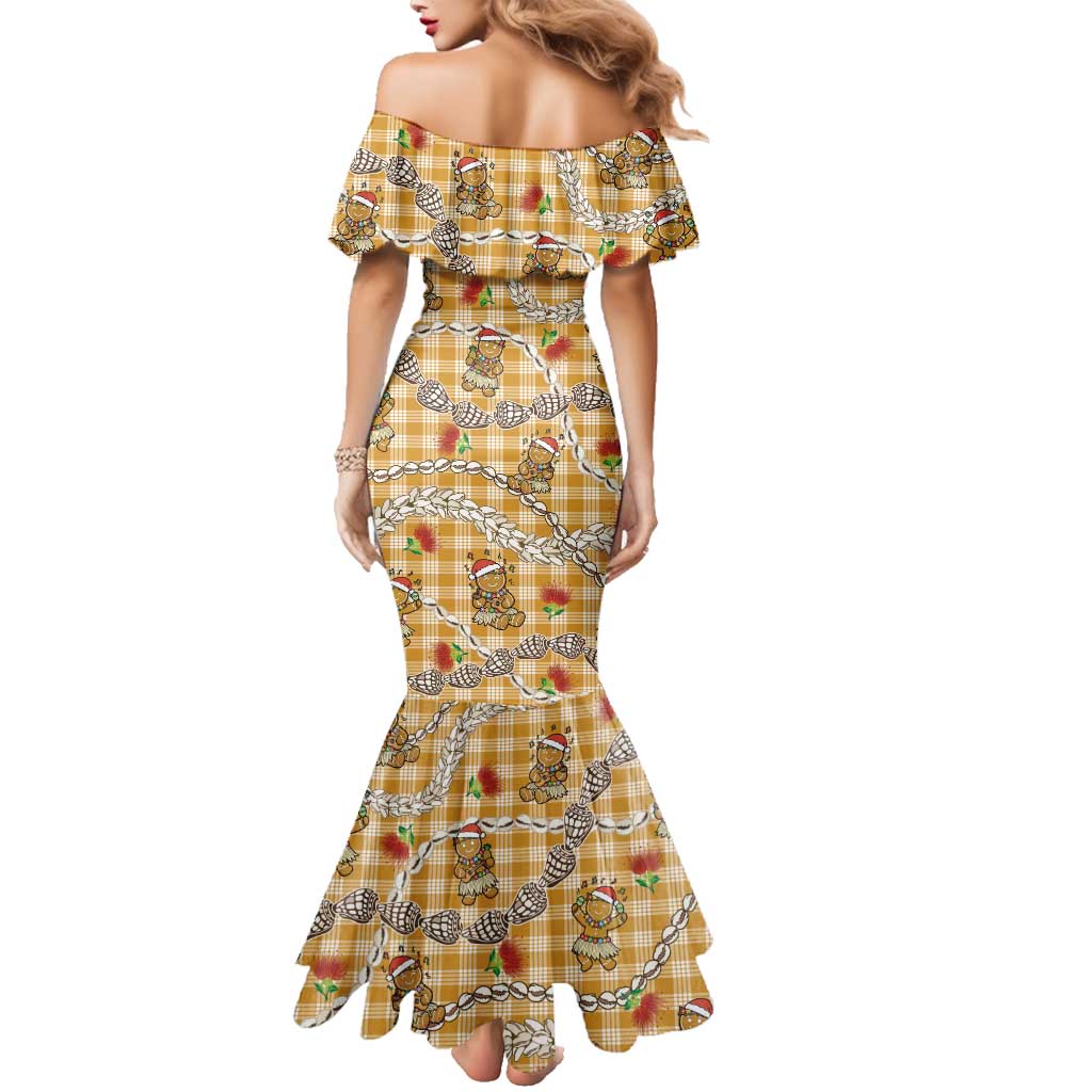 Gold Palaka Hawaii Mele Kalikimaka Family Matching Mermaid Dress and Hawaiian Shirt Ohia Lehua Shell Leis Funny Gingerbread Santa - Polynesian Pride