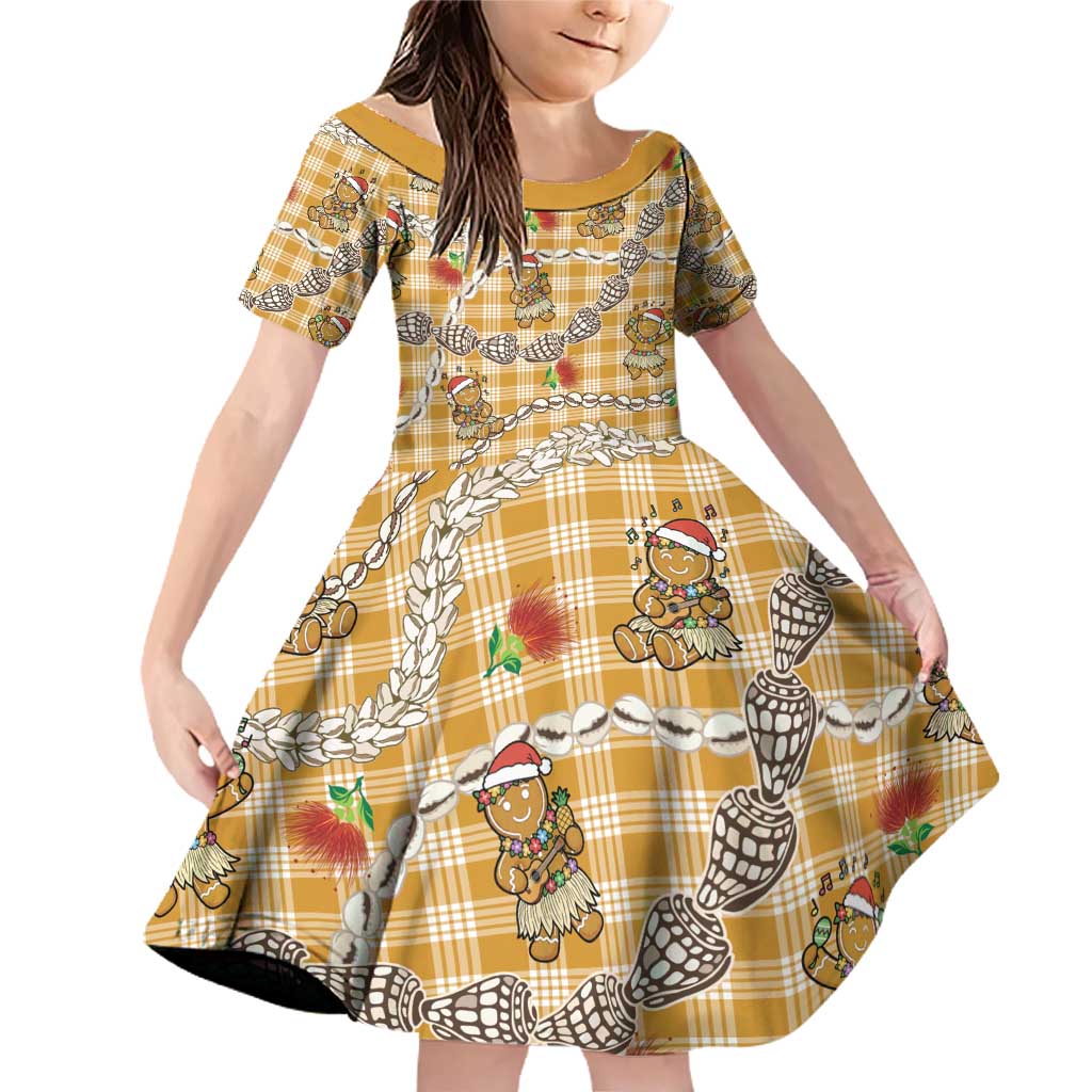 Gold Palaka Hawaii Mele Kalikimaka Family Matching Off Shoulder Short Dress and Hawaiian Shirt Ohia Lehua Shell Leis Funny Gingerbread Santa - Polynesian Pride