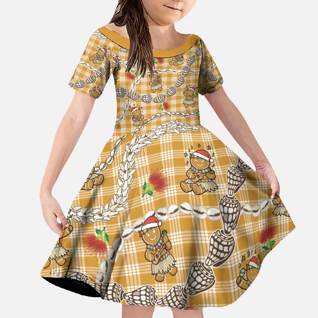 Gold Palaka Hawaii Mele Kalikimaka Family Matching Short Sleeve Bodycon Dress and Hawaiian Shirt Ohia Lehua Shell Leis Funny Gingerbread Santa - Polynesian Pride