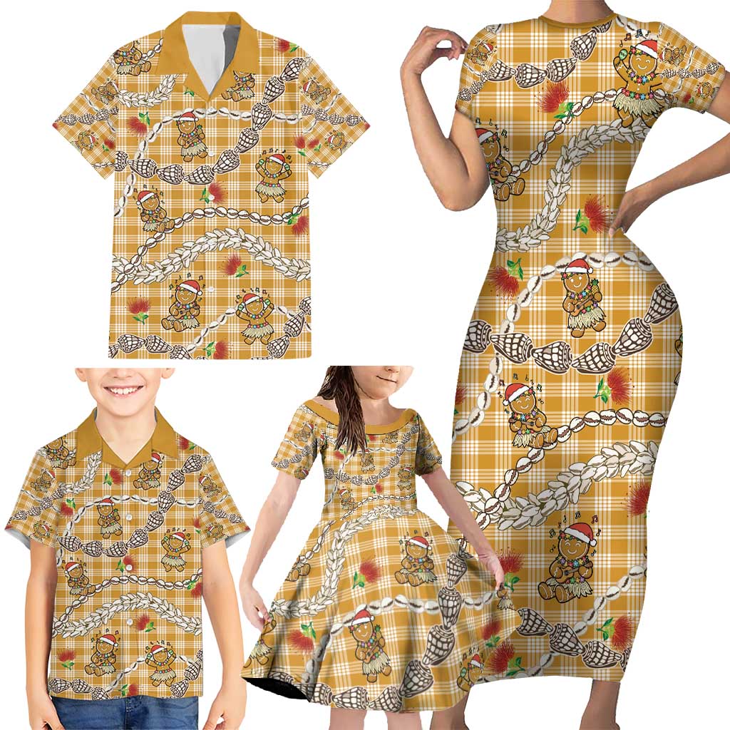 Gold Palaka Hawaii Mele Kalikimaka Family Matching Short Sleeve Bodycon Dress and Hawaiian Shirt Ohia Lehua Shell Leis Funny Gingerbread Santa - Polynesian Pride