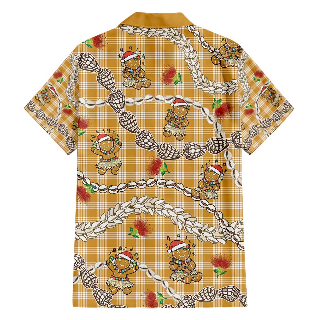 Gold Palaka Hawaii Mele Kalikimaka Family Matching Short Sleeve Bodycon Dress and Hawaiian Shirt Ohia Lehua Shell Leis Funny Gingerbread Santa - Polynesian Pride