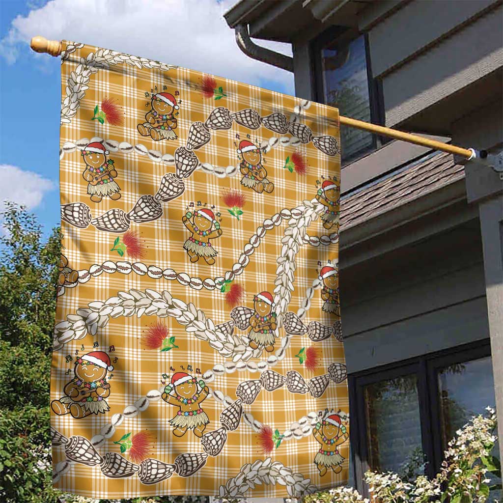 Gold Palaka Hawaii Mele Kalikimaka Garden Flag Ohia Lehua Shell Leis Funny Gingerbread Santa - Polynesian Pride