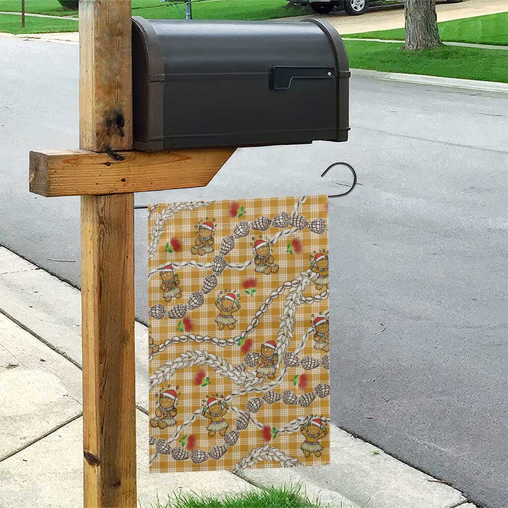 Gold Palaka Hawaii Mele Kalikimaka Garden Flag Ohia Lehua Shell Leis Funny Gingerbread Santa - Polynesian Pride