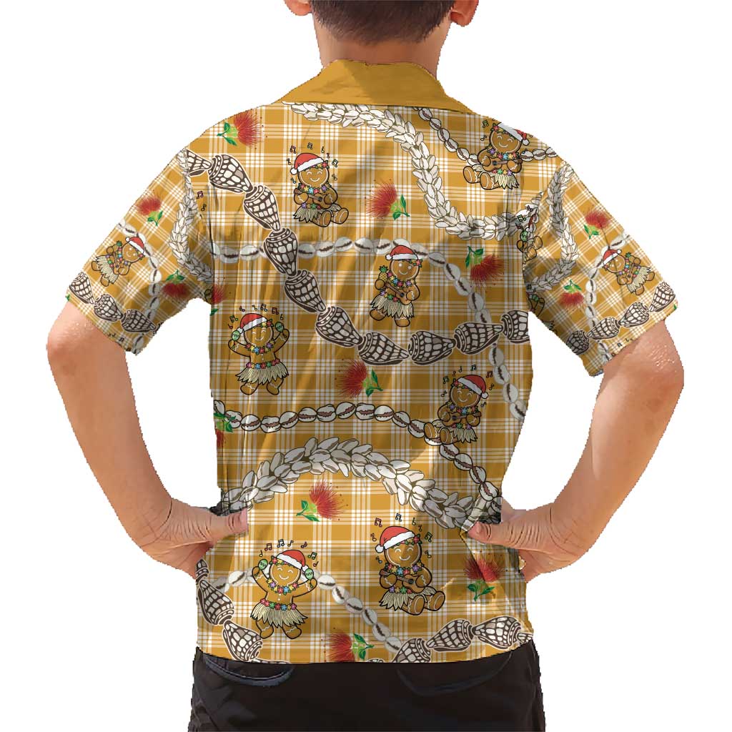 Gold Palaka Hawaii Mele Kalikimaka Kid Hawaiian Shirt Ohia Lehua Shell Leis Funny Gingerbread Santa - Polynesian Pride