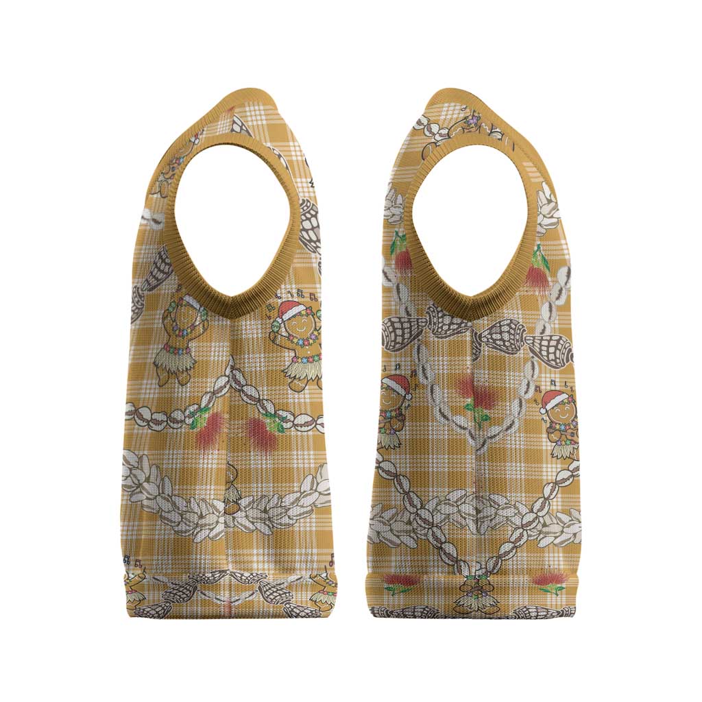 Gold Palaka Hawaii Mele Kalikimaka Christmas Knitted V-Neck Vest Ohia Lehua Shell Leis Funny Gingerbread Santa - Polynesian Pride