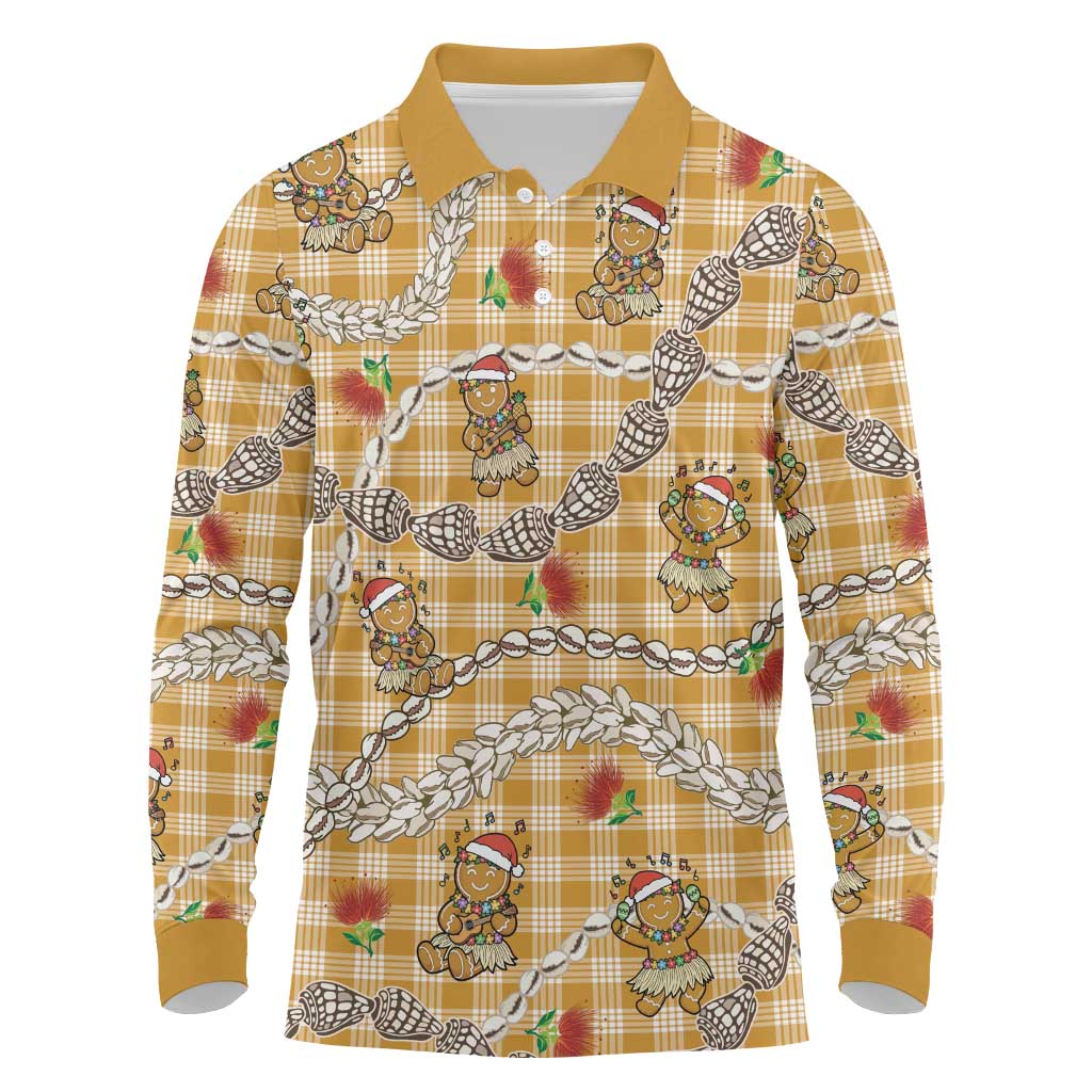 Gold Palaka Hawaii Mele Kalikimaka Long Sleeve Polo Shirt Ohia Lehua Shell Leis Funny Gingerbread Santa - Polynesian Pride