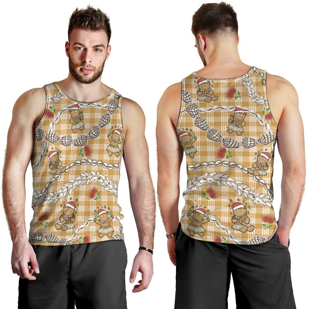 Gold Palaka Hawaii Mele Kalikimaka Men Tank Top Ohia Lehua Shell Leis Funny Gingerbread Santa - Polynesian Pride